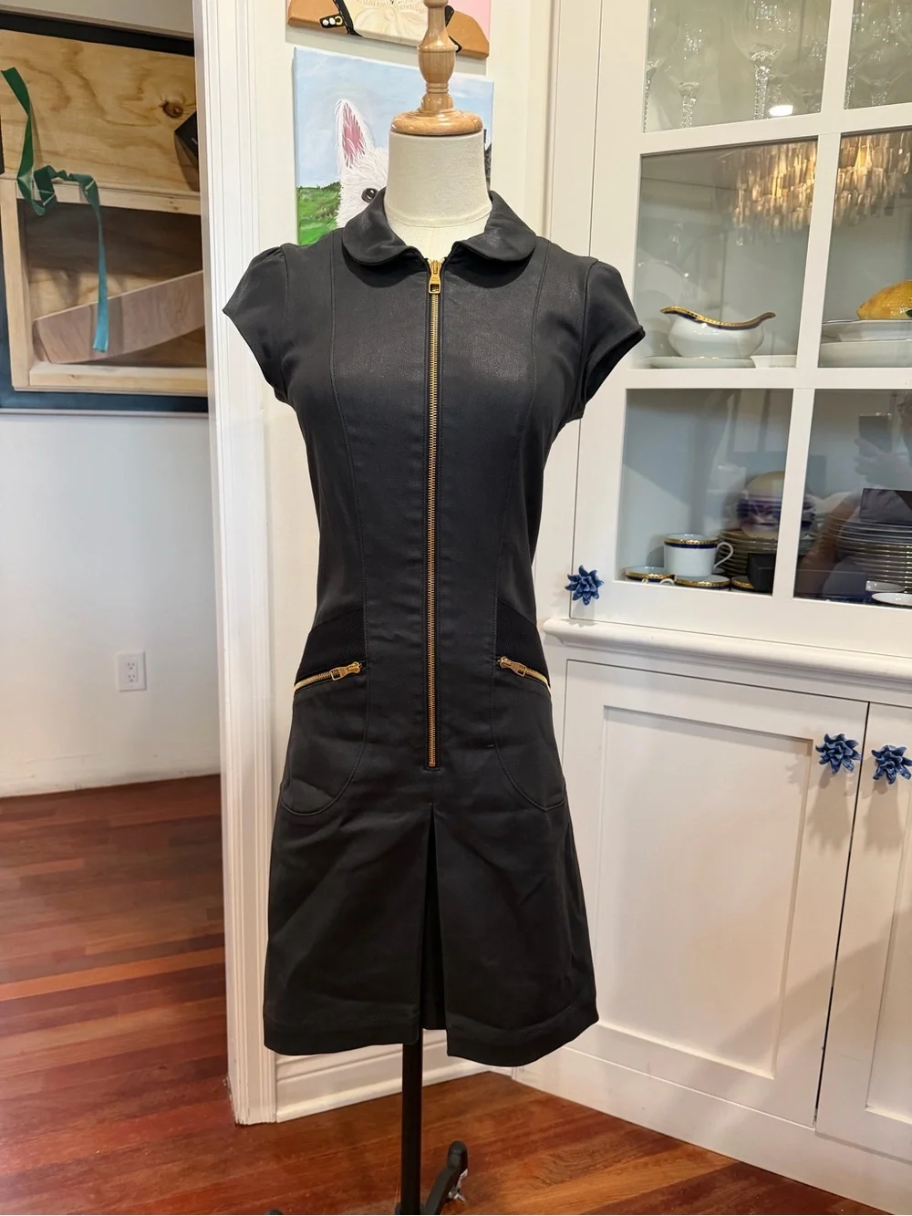 Louis Vuitton Black Short-Sleeve Zip-Front Mini Dress with Gold Accents